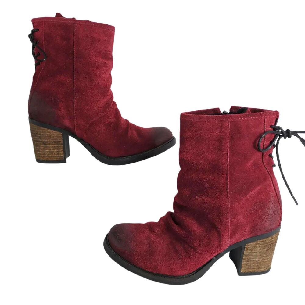 Bos &‎ Co Barlow Women's 8-8.5 Red Suede 3" Heel Ankle Boots Back Tie, Side Zip